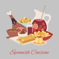 Spanish cuisine background traditional dish Paella, beef meat leg and drink vector illustration for restaurant or cafe.