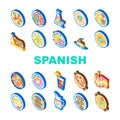 spanish cuisine food spain paella icons set vector