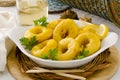 Spanish Cuisine. Fried Squid Rings. Calamares a la Romana. Royalty Free Stock Photo