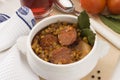 Spanish cuisine. Lentils with red sausage. Royalty Free Stock Photo