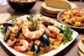 Spanish cuisine. Spanish paella with shrimps, musselspus and vegetables. Seafood paella with prawns, . Generative AI