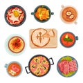 Spanish Cuisine with Rice and Meat Dishes Served on Plates Vector Set Royalty Free Stock Photo