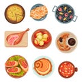Spanish Cuisine with Rice and Meat Dishes Served on Plates Vector Set Royalty Free Stock Photo