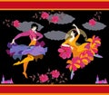 Spanish dancers in national clothes with fan and raincoat in their hands in form of flower and flying bird, dancing flamenco
