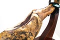 Spanish delicatessen dry cured meat ham, whole leg, jamon iberico bellota on jamonero stand selective focus - white background Royalty Free Stock Photo