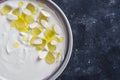 Spanish dish, cold soup ajo blanco or ajoblanco from garlic, almonds, white wine vinegar, olive oil and grapes Royalty Free Stock Photo