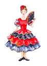 Spanish female dance costume. Woman in red dress with fluffy skirt with ruffles Royalty Free Stock Photo