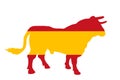 Spanish flag over bull vector silhouette illustration isolated on background. Horned ox Spain flag symbol. Royalty Free Stock Photo