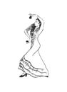 Spanish flamenco dance performer with castanets hand drawn charcoal sketch.