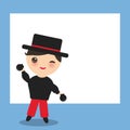 Spanish flamenco dancer card design, banner template. Kawaii cute face with pink cheeks winking eyes. boy with castanets, hat. red