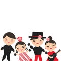 Spanish flamenco dancer card design, banner template. Kawaii cute face with pink cheeks winking eyes. Gipsy girl and boy, red blac Royalty Free Stock Photo