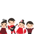 Spanish flamenco dancer card design, banner template. Kawaii cute face with pink cheeks winking eyes. Gipsy girl and boy, red blac Royalty Free Stock Photo