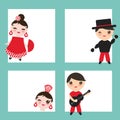 Spanish flamenco dancer card design, banner template. Kawaii cute face with pink cheeks winking eyes. Gipsy girl and boy, red blac Royalty Free Stock Photo