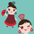 Spanish flamenco dancer card design, banner template. Woman Kawaii cute face with pink cheeks. Gipsy girl, red black dress, polka Royalty Free Stock Photo