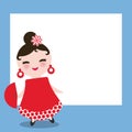 Spanish flamenco dancer card design, banner template. Woman Kawaii cute face with pink cheeks. Gipsy girl, red black dress, polka Royalty Free Stock Photo