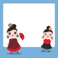 Spanish flamenco dancer card design, banner template. Woman Kawaii cute face with pink cheeks. Gipsy girl, red black dress, polka Royalty Free Stock Photo