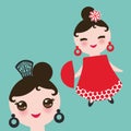 Spanish flamenco dancer card design, banner template. Woman Kawaii cute face with pink cheeks. Gipsy girl, red dress, polka dot fa Royalty Free Stock Photo