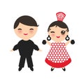 Spanish flamenco dancer. Kawaii cute face with pink cheeks and winking eyes. Gipsy girl and boy, red black white dress, polka dot