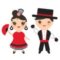 Spanish flamenco dancer. Kawaii cute face with pink cheeks and winking eyes. Gipsy girl and boy, red black white dress, polka dot Royalty Free Stock Photo