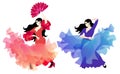 Spanish flamenco dancer in red dress, whose hem soars like bird, and gypsy girl in lilac-blue dress with shawl like a magic bird Royalty Free Stock Photo