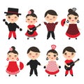 Spanish flamenco dancer set. Kawaii cute face with pink cheeks and winking eyes. Gipsy girl and boy, red black white dress, polka Royalty Free Stock Photo