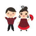 Spanish flamenco dancer set. Kawaii cute face with pink cheeks and winking eyes. Gipsy girl with fan and boy, red black white dres Royalty Free Stock Photo