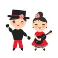 Spanish flamenco dancer set. Kawaii cute face with pink cheeks and winking eyes. Gipsy girl with guitar and boy with castanets, re Royalty Free Stock Photo