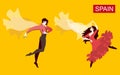 Spanish flamenco dancers with cloak and manton in shape of flying bird isolated on yellow background. Beautiful card in vector. Royalty Free Stock Photo