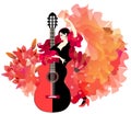 Spanish flamenco girl in a beautiful dress, the hem of which soars like a flame, a manton, a fan, a red-black guitar and bouquet