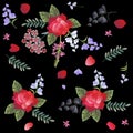 Spanish floral pattern with red roses, carnation, sage and bell flowers on black background. Manton fragment. Royalty Free Stock Photo