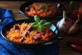 Spanish food specialty - chorizo sausage cooked with rice, tomatio, paprika,