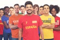 Spanish football fan with group of other european supporters Royalty Free Stock Photo