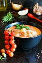 Spanish gazpacho tomato soup with fresh herbs, vegetable salsa and croutons. Tasty refreshing lunch. Vegan food Royalty Free Stock Photo