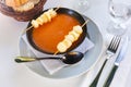 Spanish gazpacho tomato soup with melon slices on skewers Royalty Free Stock Photo