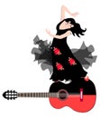 Spanish girl in a black dress with red roses is dancing flamenco on big guitar. Shawl in the form of a fairy-tale bird Royalty Free Stock Photo