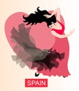 Spanish girl dancing flamenco with a black translucent shawl in the shape of a bird against the backdrop of a large pink heart.