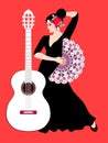 Spanish girl dressed in long black dress, with rose flower in her hair and with fan in her hand and white guitar Royalty Free Stock Photo