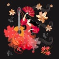 Spanish girl dressed in red dress, with fan in her hands, dancing flamenco against black background with falling flowers. Guitar