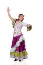 Spanish girl dressed in traditional costume Andalusian dancing