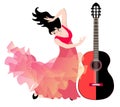 Spanish girl - flamenco dancer and big black and red guitar isolated on white background Royalty Free Stock Photo