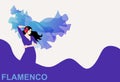 Spanish girl in a long purple dress, whose hem is like the sea, is dancing flamenco with a shawl that looks like a soaring bird