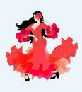 Spanish girl in a long red dress with ruffles on the sleeves in the form of roses dancing flamenco. The symbol of Spain