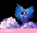 Spanish girl with rose in hair and fan in hand, is dancing flamenco. Hem of dress is like sea waves, foam on waves crest