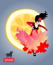 Spanish girl with a shawl, like a flying bird, dancing flamenco against the rising sun in the form of a piece of lemon.