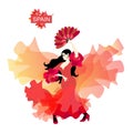 Spanish girl in traditional red dress, with a fan in his hand, dancing flamenco on a white background.