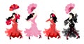 Spanish girls in colorful long dresses with castanets and fans dancing flamenco in their hands isolated on white background Royalty Free Stock Photo