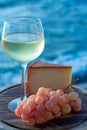 Spanish goat milk cheese with paprika coating and ripe pink table grapes served with white wine on outdoor terrace Royalty Free Stock Photo