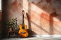 Spanish guitar in front of the wall. Generative AI Royalty Free Stock Photo