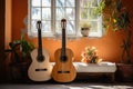 Spanish guitar in front of the wall. Generative AI Royalty Free Stock Photo