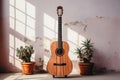 Spanish guitar in front of the wall. Generative AI Royalty Free Stock Photo